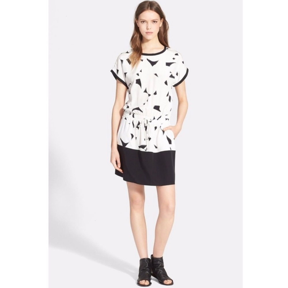 Vince Black and White Geometric Design Drop Waist Silk Dress